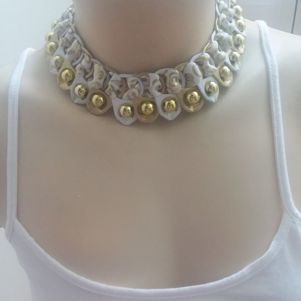 Recycled handmade golden white choker statement necklace OOAK
